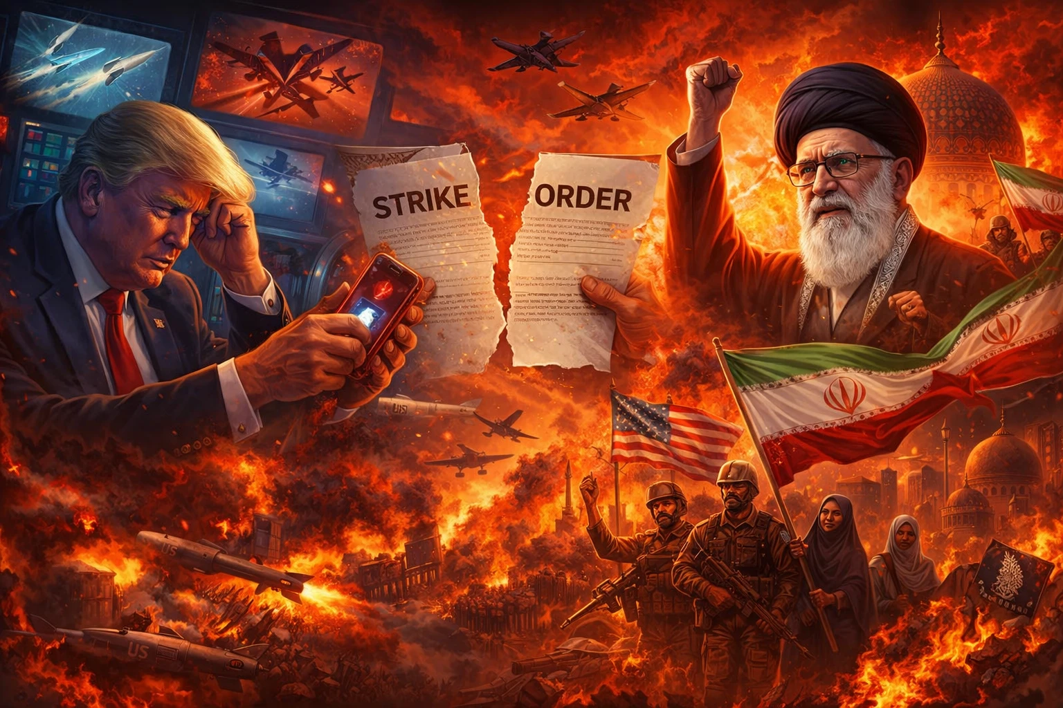 Ilustrasi ini merefleksikan analisis Khusnul Yaqin mengenai pembatalan serangan AS terhadap Iran. Di satu sisi, tampak keraguan pemimpin negara adidaya di tengah bayang-bayang kegagalan masa lalu; di sisi lain, kepemimpinan Iran yang mengonsolidasikan kekuatan melalui kohesi internal dan simbol keagamaan. Sebuah bukti bahwa dalam dunia multipolar, deterrence (daya gentar) yang kredibel mampu memaksa aktor terkuat sekalipun untuk berpikir ulang.
